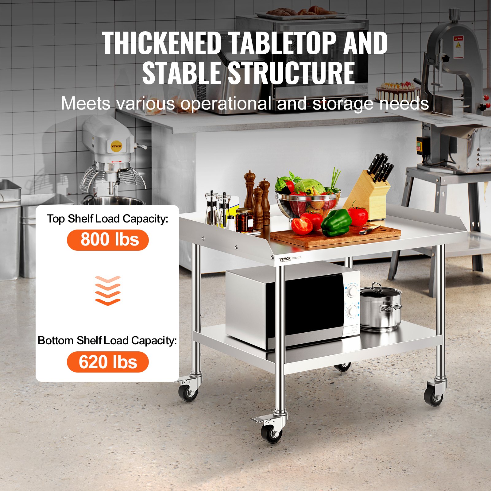 VEVOR Mesa de Trabajo de Acero Inoxidable Mesa de Trabajo Comercial para Preparación de Alimentos con 4 Ruedas Salpicadero de 3 Lados Mesa de Trabajo 762x914x762 mm Mesa de Trabajo para Restaurante