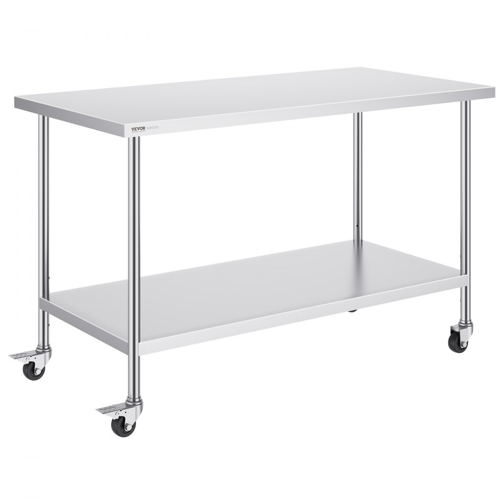 VEVOR Mesa de Trabajo de Acero Inoxidable 1524x762x954,6 mm con 4 Ruedas 3 Niveles de Altura Ajustables Mesa de Trabajo de Preparación de Alimentos Resistente para Cocina Comercial Restaurante