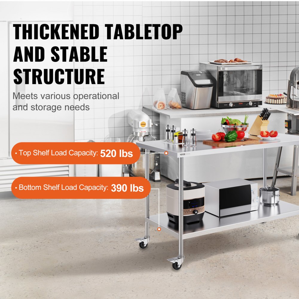 VEVOR Mesa de Trabajo de Acero Inoxidable 1524x762x954,6 mm con 4 Ruedas 3 Niveles de Altura Ajustables Mesa de Trabajo de Preparación de Alimentos Resistente para Cocina Comercial Restaurante