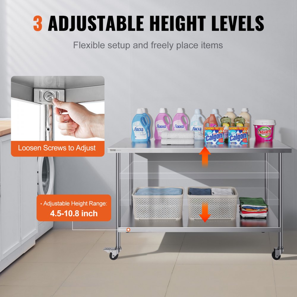 VEVOR Mesa de Trabajo de Acero Inoxidable 1524x762x954,6 mm con 4 Ruedas 3 Niveles de Altura Ajustables Mesa de Trabajo de Preparación de Alimentos Resistente para Cocina Comercial Restaurante