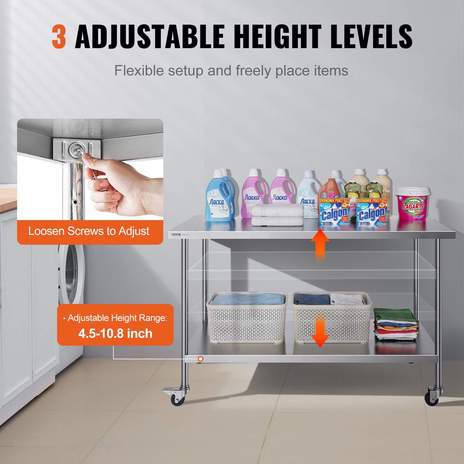 VEVOR Mesa de Trabajo de Acero Inoxidable 1524x762x954,6 mm con 4 Ruedas 3 Niveles de Altura Ajustables Mesa de Trabajo de Preparación de Alimentos Resistente para Cocina Comercial Restaurante