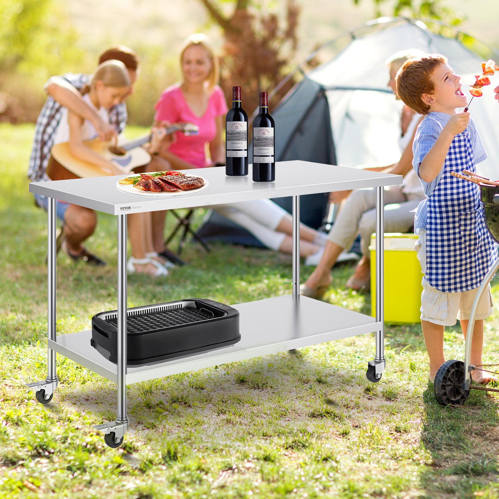 VEVOR Mesa de Trabajo de Acero Inoxidable 1524x762x954,6 mm con 4 Ruedas 3 Niveles de Altura Ajustables Mesa de Trabajo de Preparación de Alimentos Resistente para Cocina Comercial Restaurante