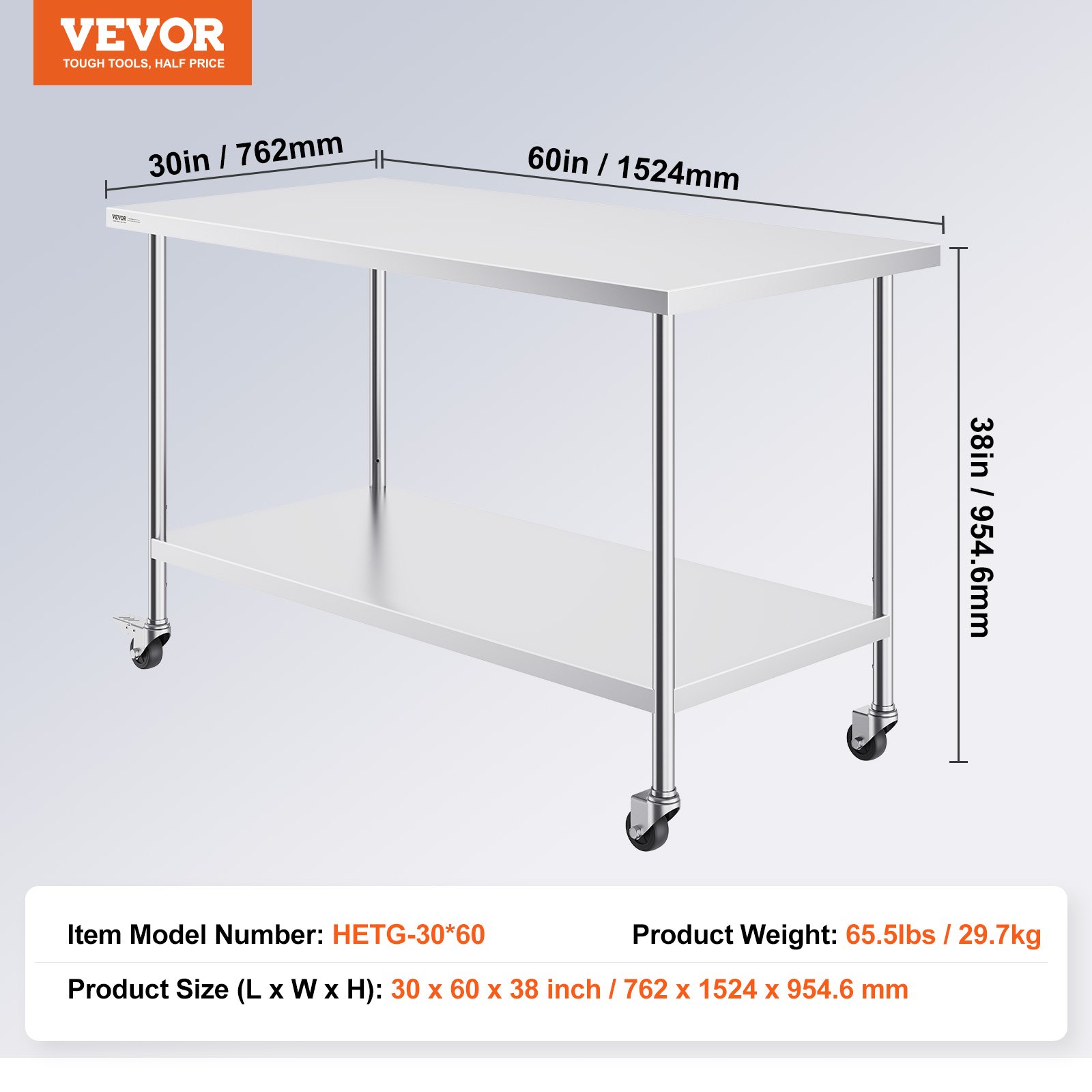 VEVOR Mesa de Trabajo de Acero Inoxidable 1524x762x954,6 mm con 4 Ruedas 3 Niveles de Altura Ajustables Mesa de Trabajo de Preparación de Alimentos Resistente para Cocina Comercial Restaurante