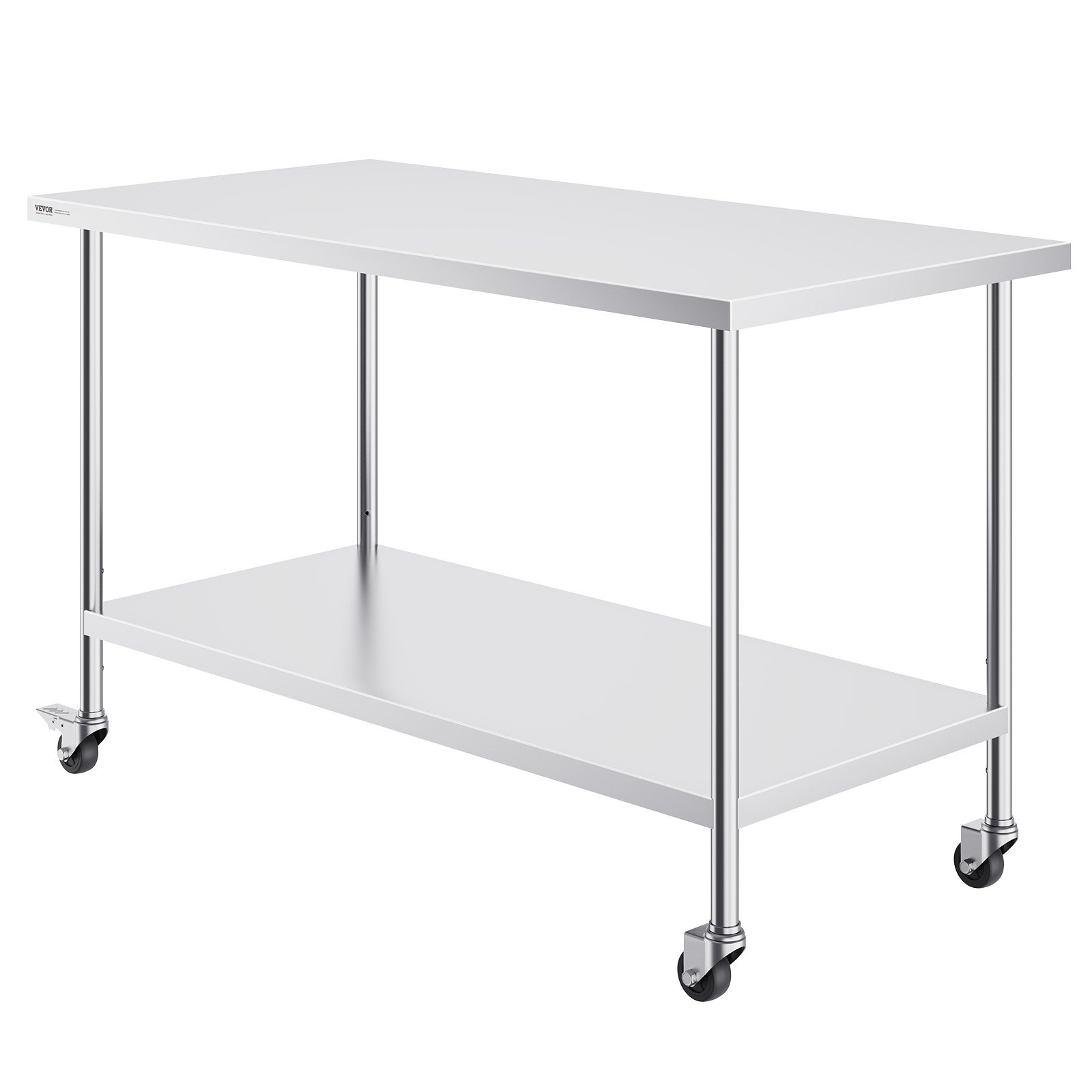 VEVOR Mesa de Trabajo de Acero Inoxidable 1524x762x954,6 mm con 4 Ruedas 3 Niveles de Altura Ajustables Mesa de Trabajo de Preparación de Alimentos Resistente para Cocina Comercial Restaurante