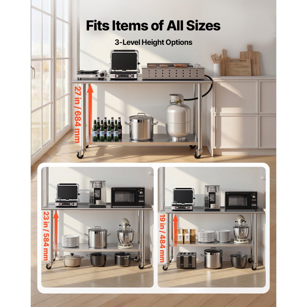 VEVOR Mesa de Trabajo de Acero Inoxidable 2 Niveles, Mesa de Preparación con Ruedas 152,4 x 61 x 89,4 cm, Estante Inferior Ajustable, Protector contra Salpicaduras, para Restaurantes, Bares, Hoteles