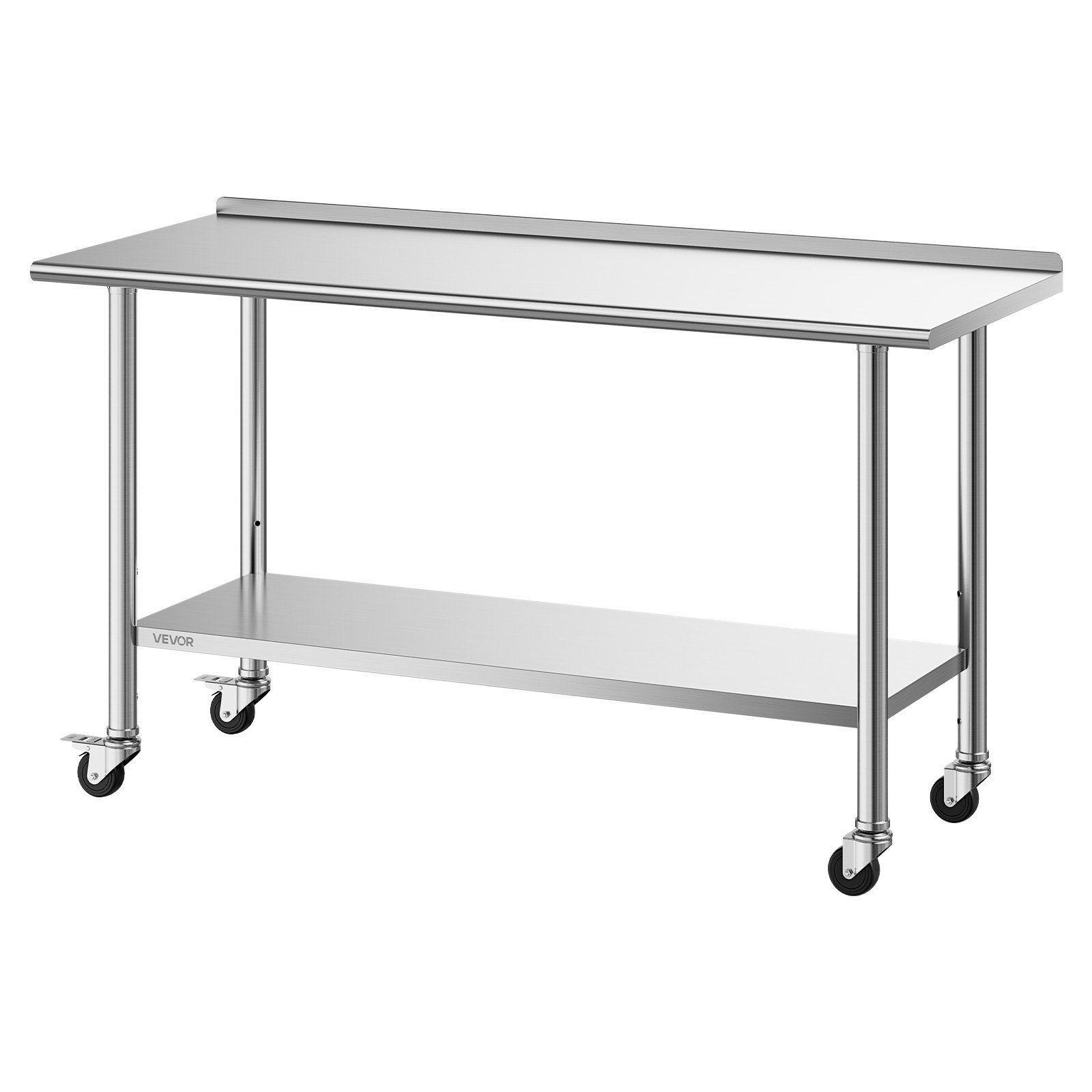 VEVOR Mesa de Trabajo de Acero Inoxidable 2 Niveles, Mesa de Preparación con Ruedas 152,4 x 61 x 89,4 cm, Estante Inferior Ajustable, Protector contra Salpicaduras, para Restaurantes, Bares, Hoteles