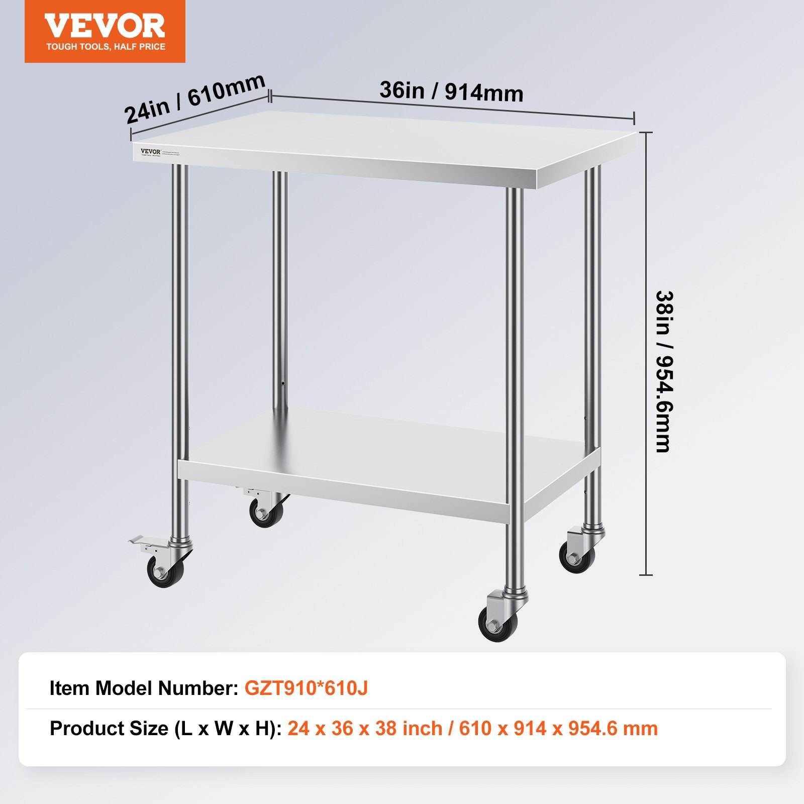 VEVOR stainless steel work table, 610 x 914 x 954.6 mm, preparation table with 4 wheels, 3 adjustable height levels, food preparation work table for commercial kitchens and restaurants