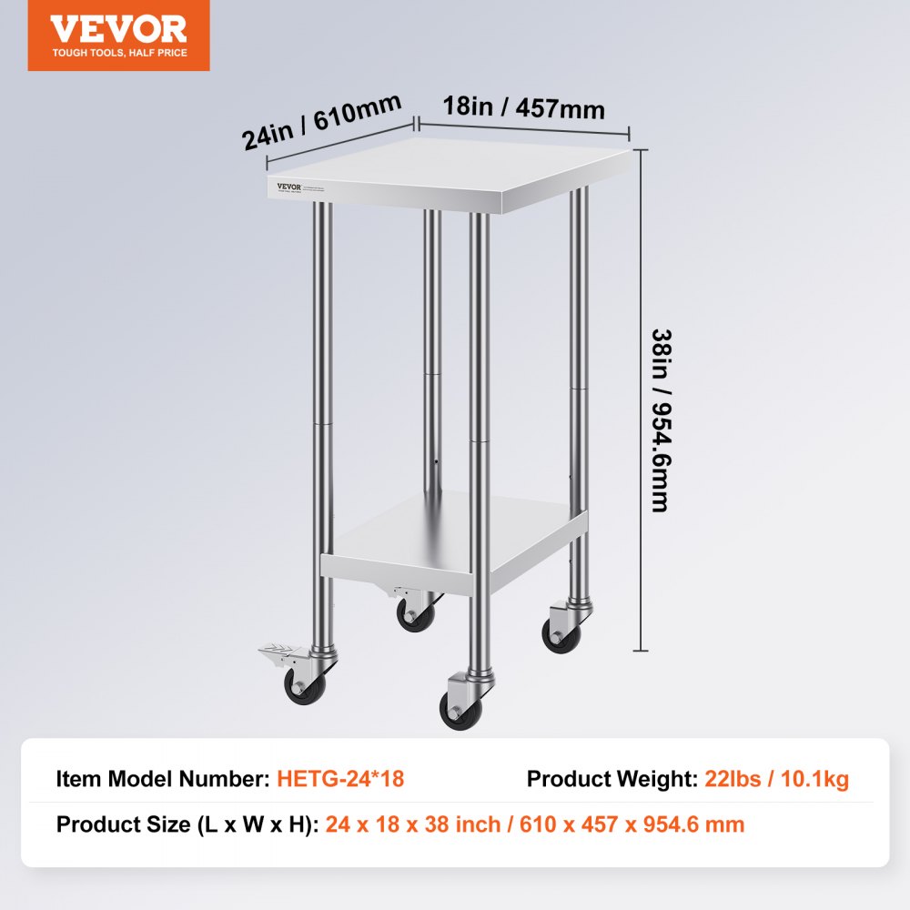 VEVOR stainless steel work table, preparation table 610 x 457 x 954.6 mm, 290 kg load capacity, with 4 wheels, 3 adjustable height levels, food preparation work table for commercial restaurants