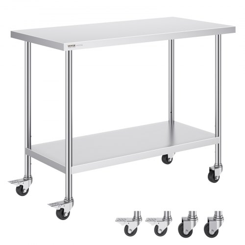 VEVOR Mesa de Trabajo de Acero Inoxidable 1219x610x954,6 mm con 4 Ruedas 3 Niveles de Altura Ajustables Mesa de Trabajo de Preparación de Alimentos Resistente para Cocina Comercial Restaurante