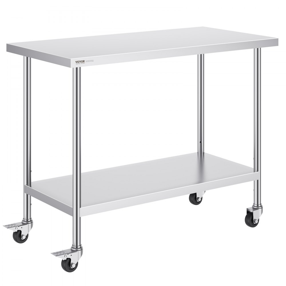 VEVOR Stainless Steel Work Table, Rolling Kitchen Table, 3 Adjustable Height Levels, Robust Kitchen Table for Food Preparation for Commercial Kitchens and Restaurants 610 x 1219 x 954.6 mm