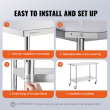 VEVOR Mesa de Preparación Comercial de Acero Inoxidable 1219x610 mm con 4 Ruedas