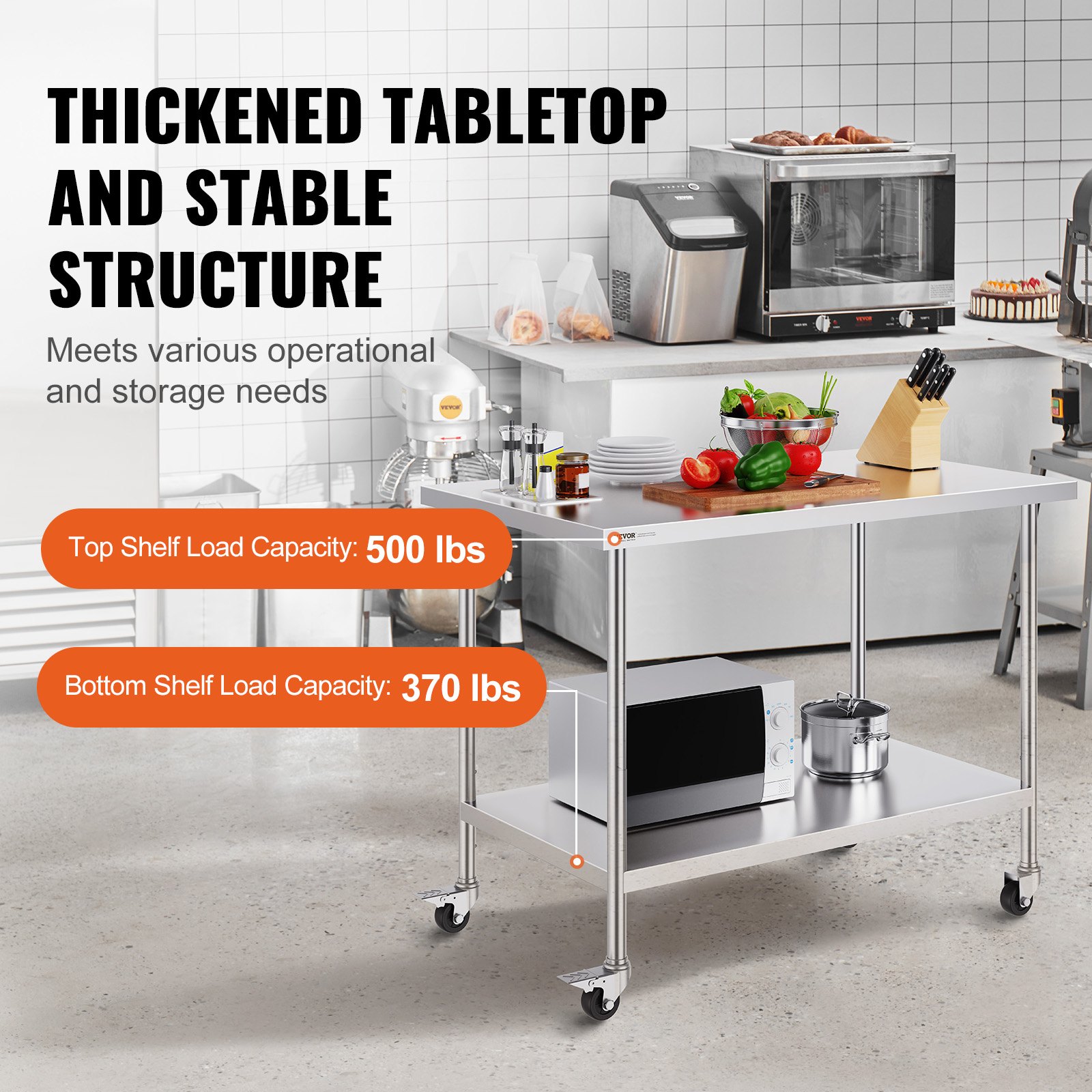 VEVOR Mesa de Trabajo de Acero Inoxidable 1219x762x954,6 mm con 4 Ruedas 3 Niveles de Altura Ajustables Mesa de Trabajo de Preparación de Alimentos Resistente para Cocina Comercial Restaurante