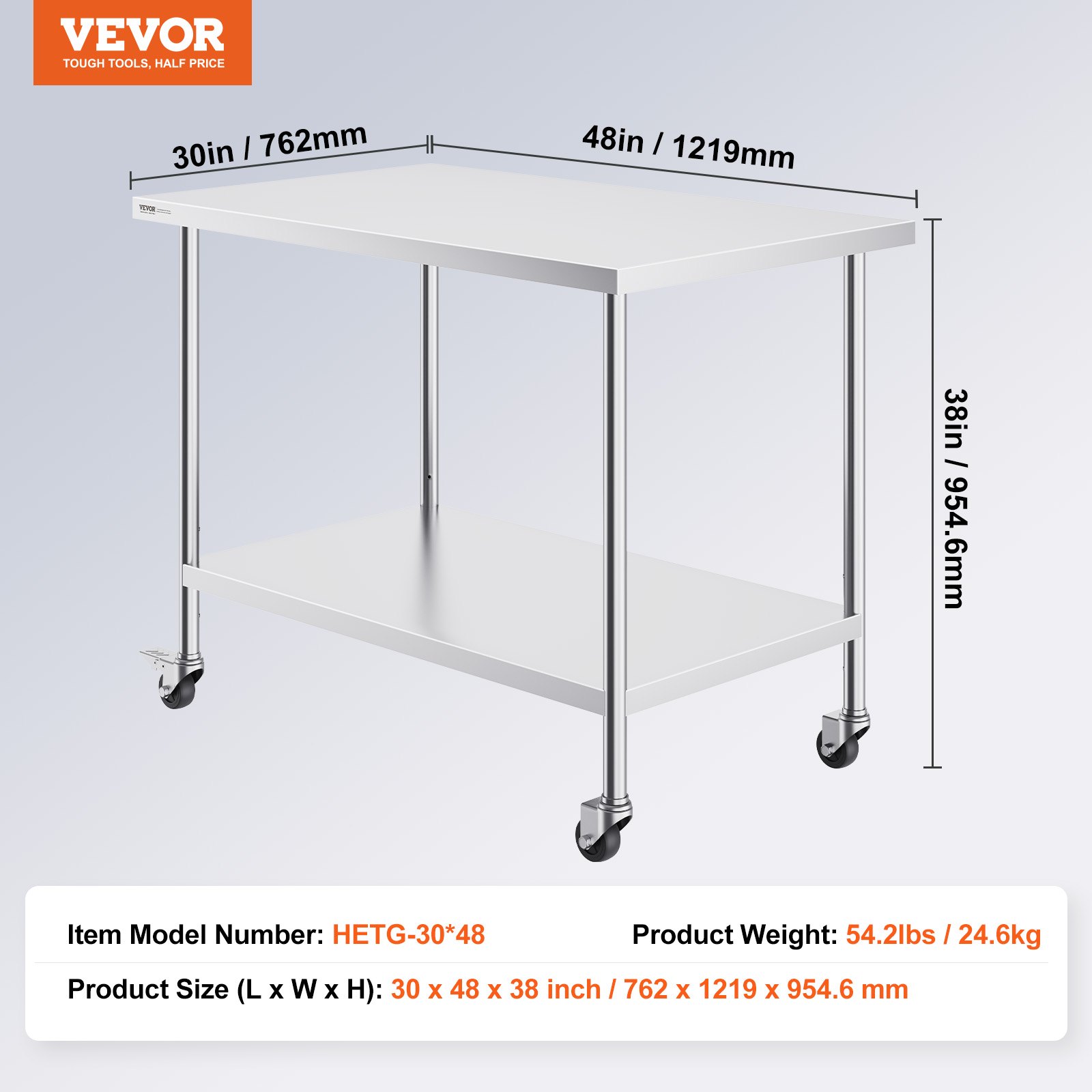 VEVOR Mesa de Trabajo de Acero Inoxidable 1219x762x954,6 mm con 4 Ruedas 3 Niveles de Altura Ajustables Mesa de Trabajo de Preparación de Alimentos Resistente para Cocina Comercial Restaurante