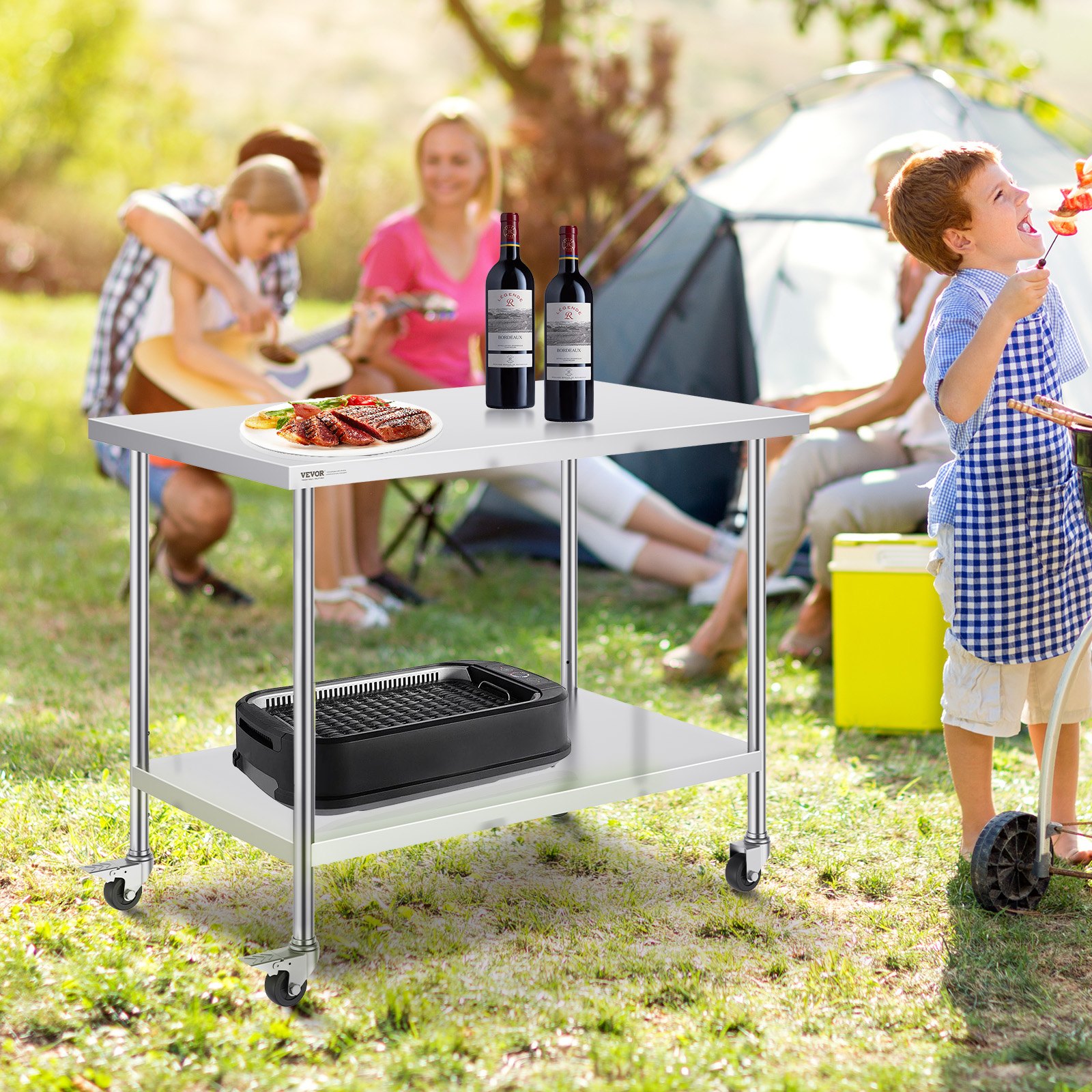 VEVOR Mesa de Trabajo de Acero Inoxidable 1219x762x954,6 mm con 4 Ruedas 3 Niveles de Altura Ajustables Mesa de Trabajo de Preparación de Alimentos Resistente para Cocina Comercial Restaurante