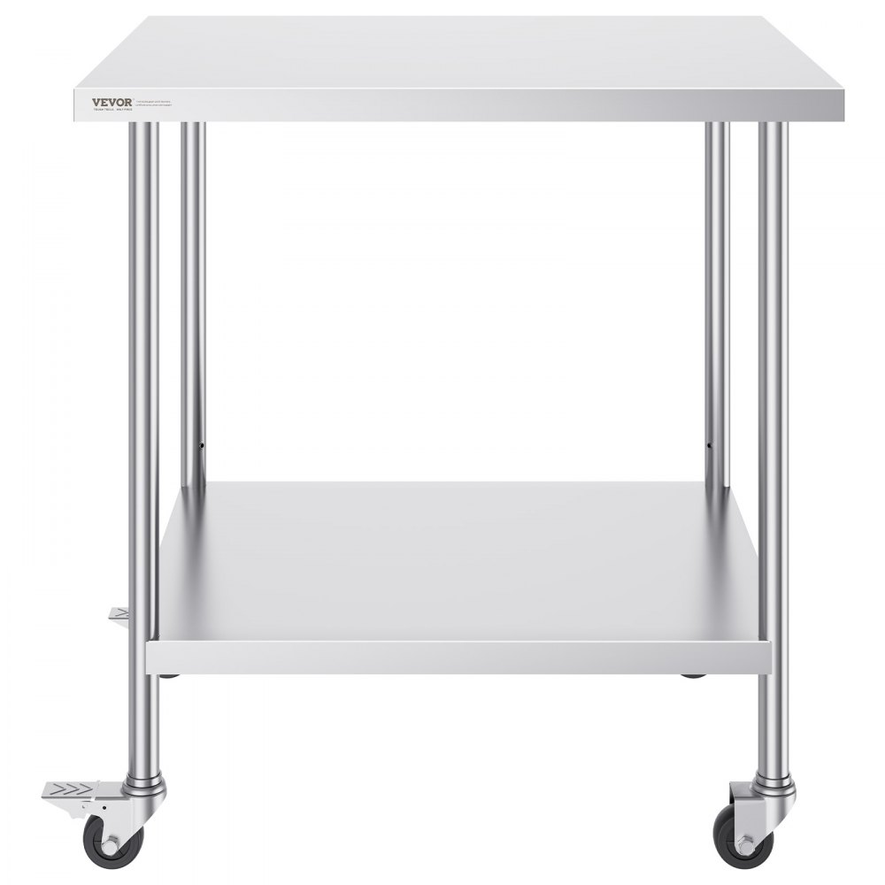 VEVOR Mesa de Trabajo de Acero Inoxidable 762 x 914 x 954,6 mm Mesa de Preparación de Alimentos con 4 Ruedas Mesa de Cocina Estante Ajustable en Altura para Cocina Restaurante Bar Garaje al Aire Libre