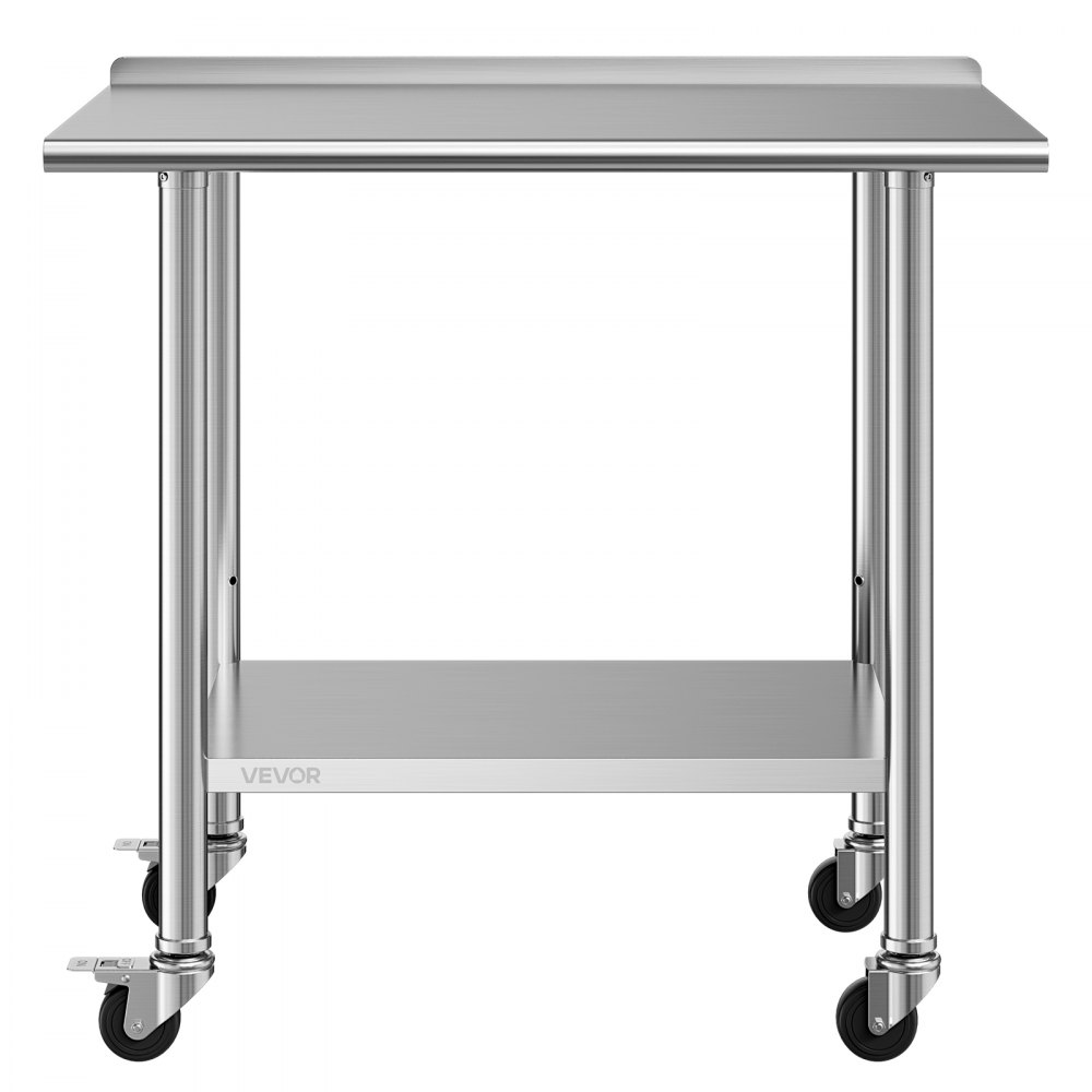 VEVOR Mesa de Trabajo de Acero Inoxidable 2 Niveles, Mesa de Preparación con Ruedas 91,5 x 61 x 89,4 cm, Estante Inferior Ajustable, Protector contra Salpicaduras, para Restaurantes, Bares, Hoteles