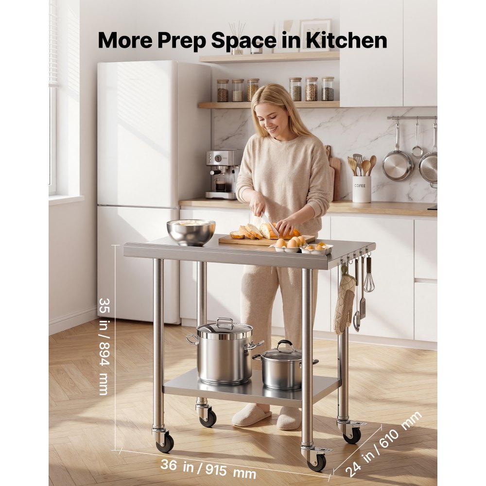 VEVOR Mesa de Trabajo de Acero Inoxidable 2 Niveles, Mesa de Preparación con Ruedas 91,5 x 61 x 89,4 cm, Estante Inferior Ajustable, Protector contra Salpicaduras, para Restaurantes, Bares, Hoteles