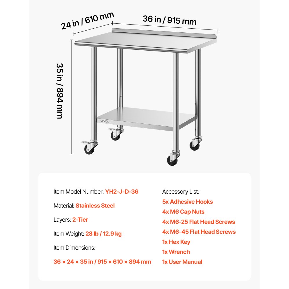 VEVOR Mesa de Trabajo de Acero Inoxidable 2 Niveles, Mesa de Preparación con Ruedas 91,5 x 61 x 89,4 cm, Estante Inferior Ajustable, Protector contra Salpicaduras, para Restaurantes, Bares, Hoteles