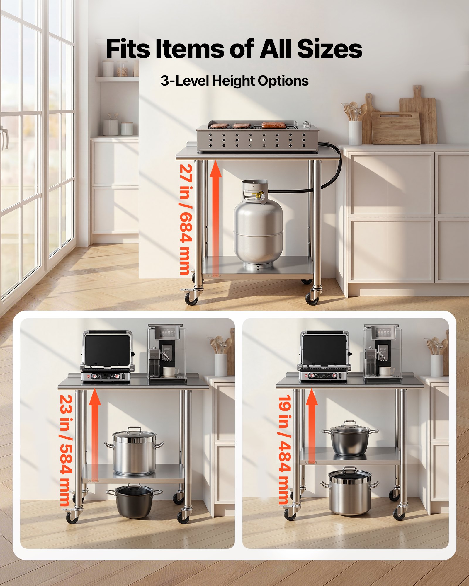 VEVOR Mesa de Trabajo de Acero Inoxidable 2 Niveles, Mesa de Preparación con Ruedas 91,5 x 61 x 89,4 cm, Estante Inferior Ajustable, Protector contra Salpicaduras, para Restaurantes, Bares, Hoteles