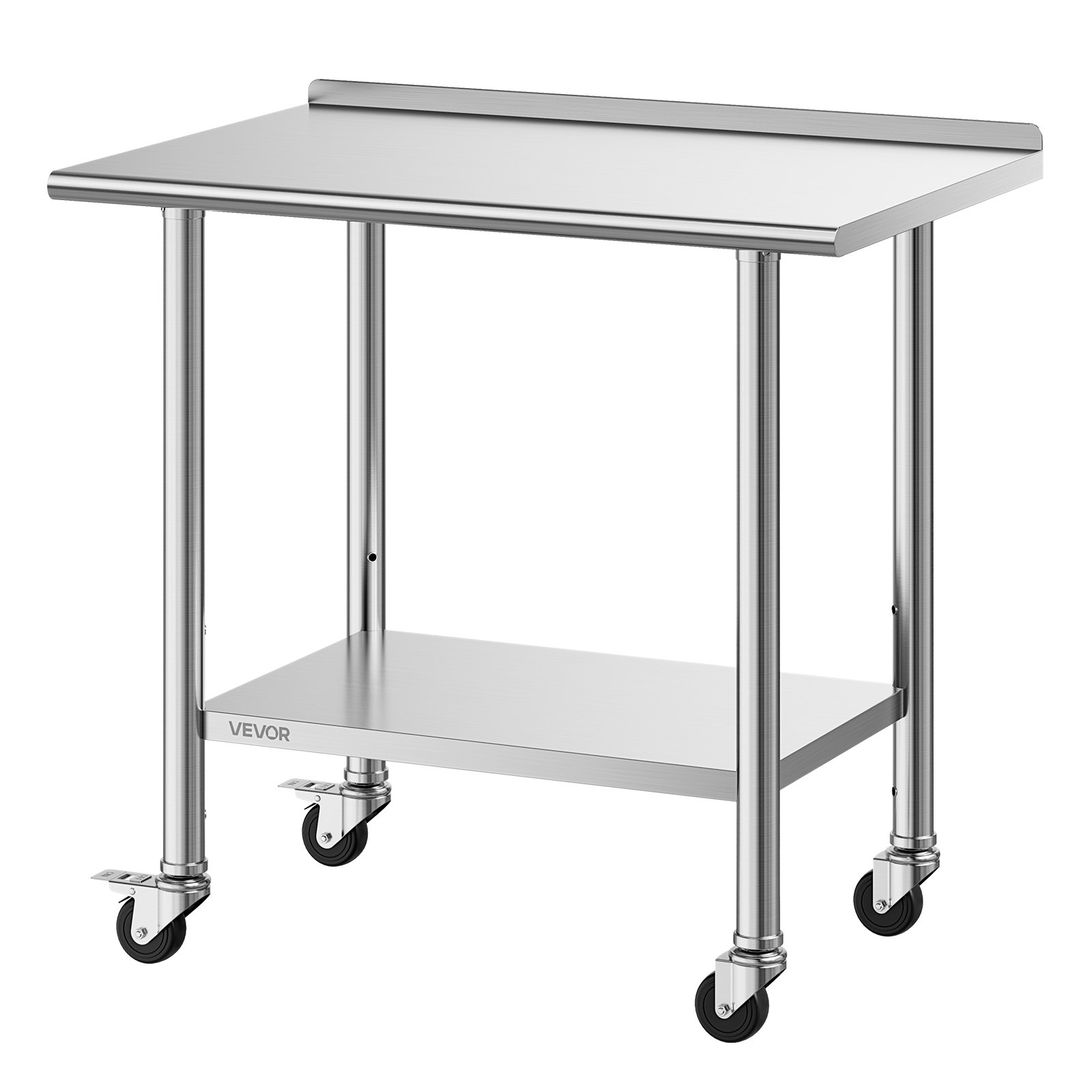 VEVOR Mesa de Trabajo de Acero Inoxidable 2 Niveles, Mesa de Preparación con Ruedas 91,5 x 61 x 89,4 cm, Estante Inferior Ajustable, Protector contra Salpicaduras, para Restaurantes, Bares, Hoteles