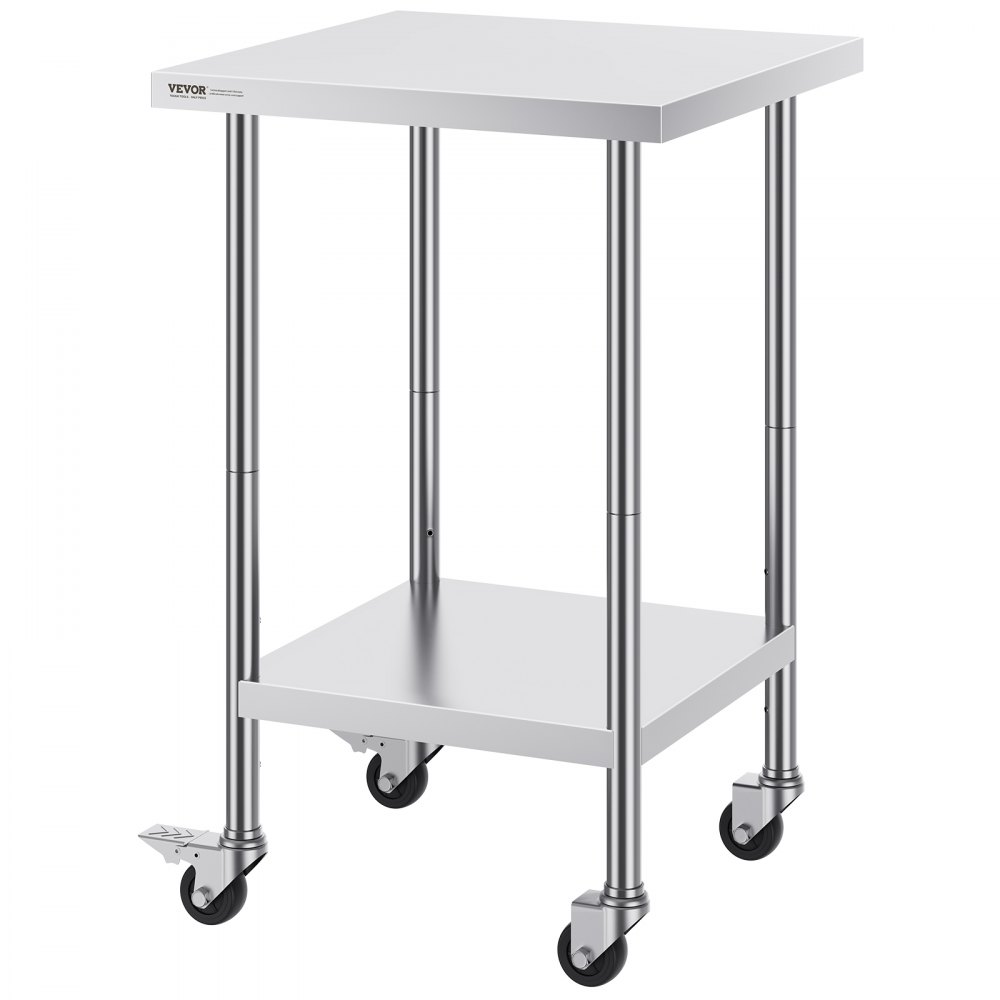 VEVOR Mesa de Trabajo de Acero Inoxidable 61 x 61 x 96,5 cm Mesa de Preparación de Alimentos con 4 Ruedas Mesa de Cocina Estante Ajustable en Altura para Cocina Restaurante Bar Garaje al Aire Libre