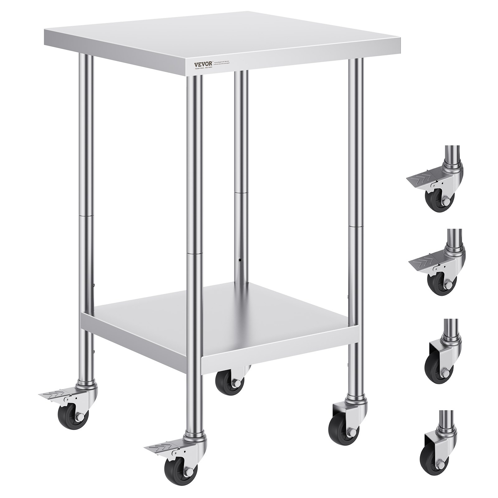 VEVOR Mesa de Trabajo de Acero Inoxidable 61 x 61 x 96,5 cm Mesa de Preparación de Alimentos con 4 Ruedas Mesa de Cocina Estante Ajustable en Altura para Cocina Restaurante Bar Garaje al Aire Libre