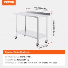 VEVOR Mesa de Preparación de Cocina Hogar Acero Inoxidable con Ruedas 122x61 cm