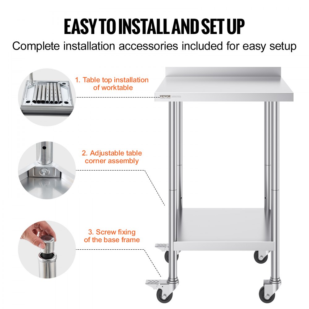 VEVOR Mesa de Trabajo de Acero Inoxidable 610x610x1005.6 mm Mesa de Preparación de Alimentos con 4 Ruedas Mesa de Cocina Estante Ajustable en Altura para Cocina Restaurante Bar Garaje al Aire Libre