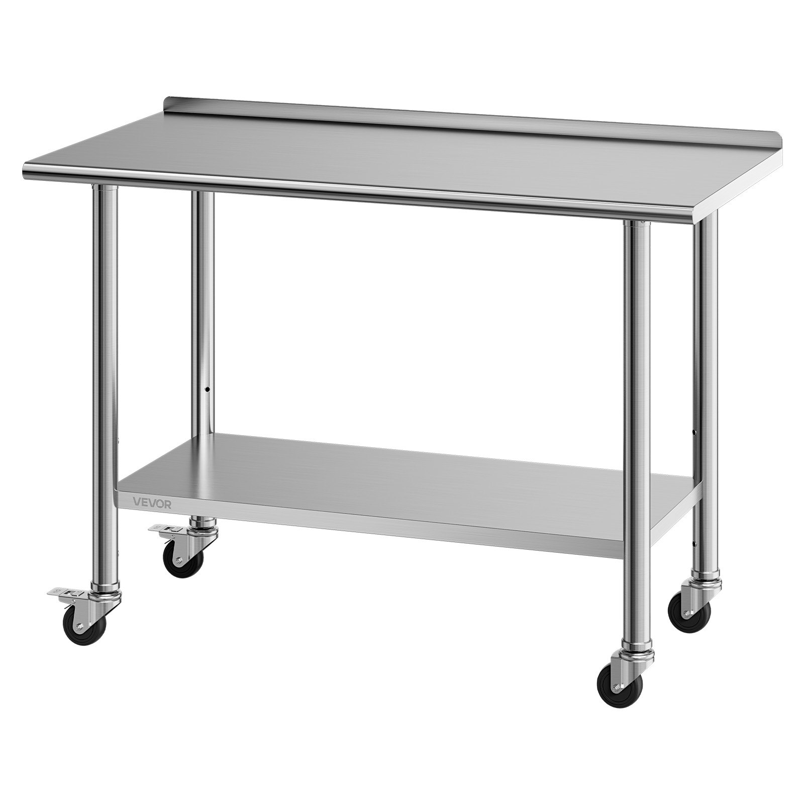 VEVOR Mesa de Trabajo de Acero Inoxidable 2 Niveles, Mesa de Preparación con Ruedas 122 x 61 x 89,4 cm, Estante Inferior Ajustable, Protector contra Salpicaduras, para Restaurantes, Bares, Hoteles