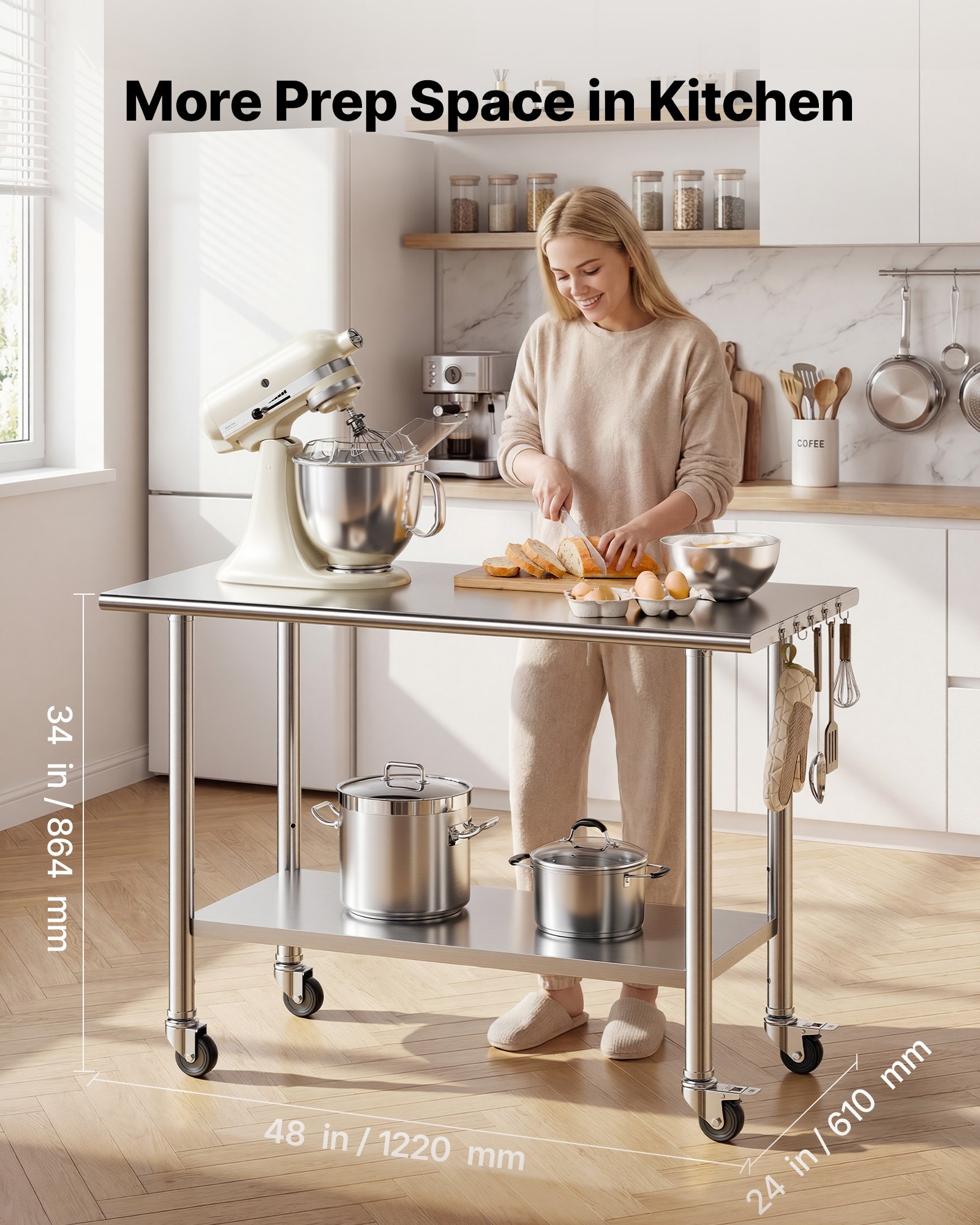VEVOR Mesa de Preparación con Ruedas 122 x 61 x 86,4 cm, Mesa de Trabajo de Acero Inoxidable 2 Niveles, con Estante Inferior Ajustable, Bordes Redondeados, para Restaurantes, Hoteles, Cocinas