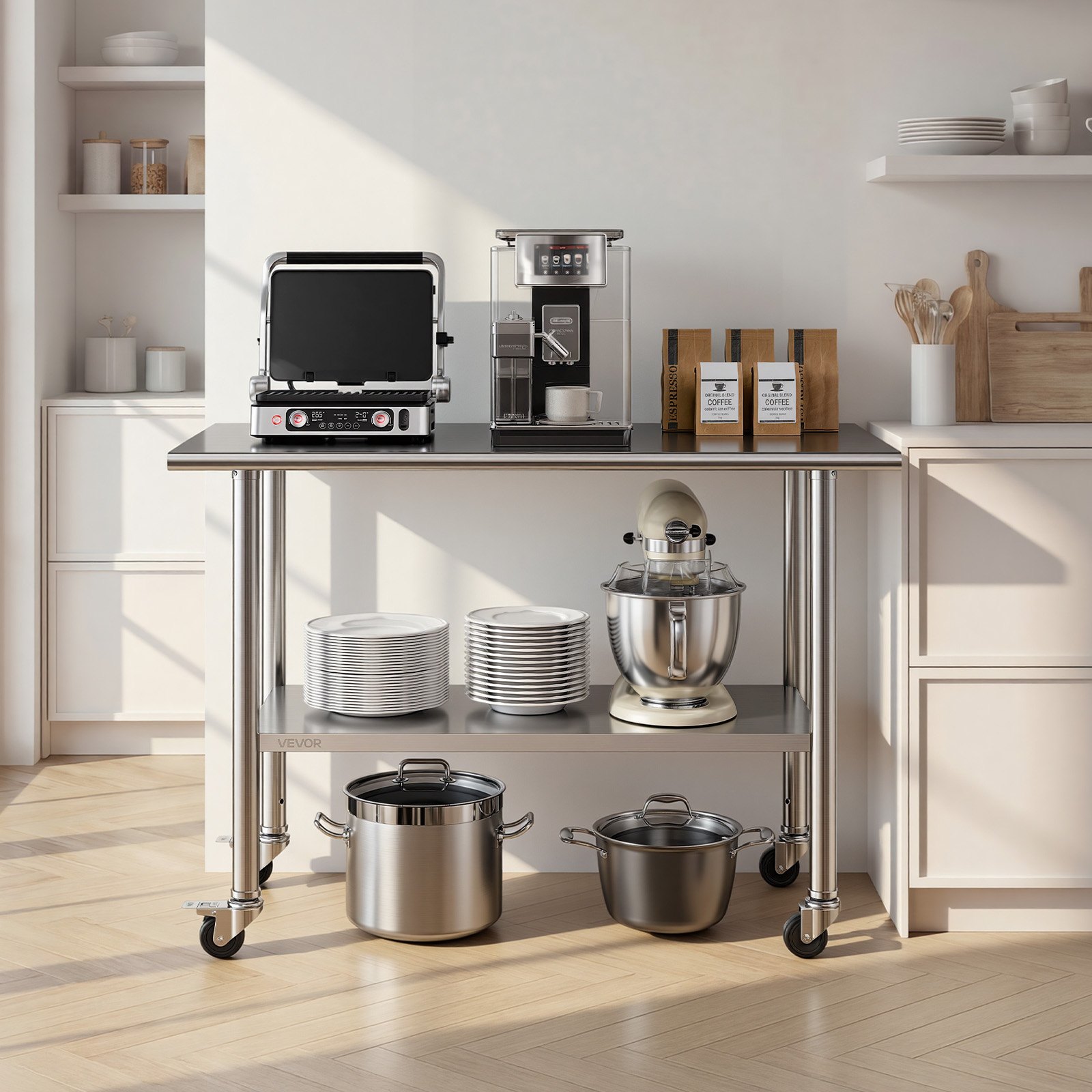 VEVOR Mesa de Preparación con Ruedas 122 x 61 x 86,4 cm, Mesa de Trabajo de Acero Inoxidable 2 Niveles, con Estante Inferior Ajustable, Bordes Redondeados, para Restaurantes, Hoteles, Cocinas
