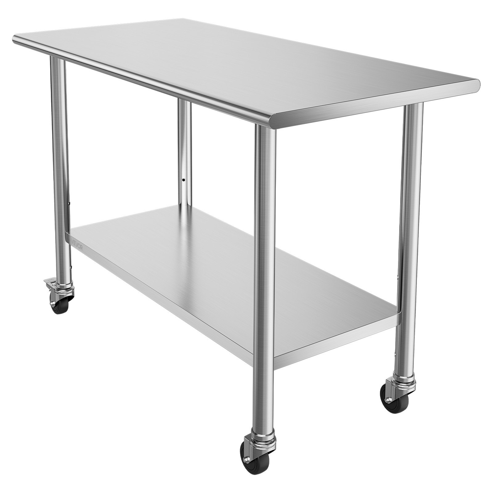 VEVOR Mesa de Preparación con Ruedas 122 x 61 x 86,4 cm, Mesa de Trabajo de Acero Inoxidable 2 Niveles, con Estante Inferior Ajustable, Bordes Redondeados, para Restaurantes, Hoteles, Cocinas