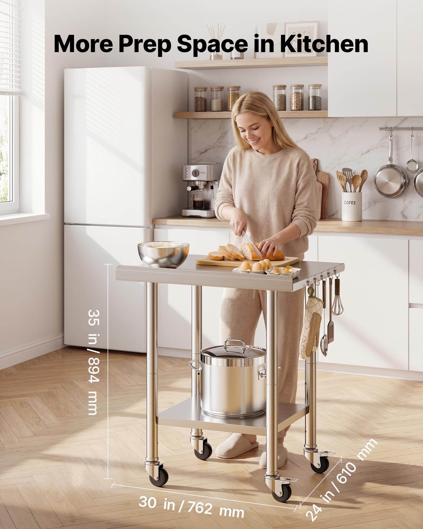 VEVOR Mesa de Trabajo de Acero Inoxidable 2 Niveles, Mesa de Preparación con Ruedas 76,2 x 61 x 89,4 cm, Estante Inferior Ajustable, Protector contra Salpicaduras, para Restaurantes, Bares, Hoteles