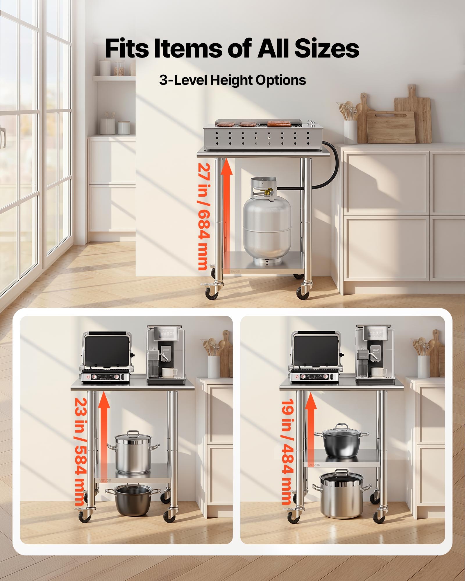 VEVOR Mesa de Trabajo de Acero Inoxidable 2 Niveles, Mesa de Preparación con Ruedas 76,2 x 61 x 89,4 cm, Estante Inferior Ajustable, Protector contra Salpicaduras, para Restaurantes, Bares, Hoteles