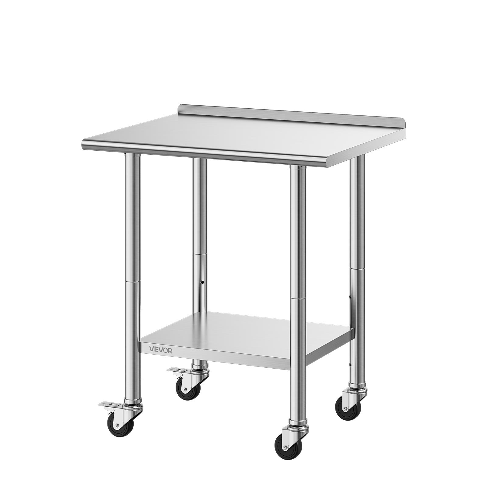 VEVOR Mesa de Trabajo de Acero Inoxidable 2 Niveles, Mesa de Preparación con Ruedas 76,2 x 61 x 89,4 cm, Estante Inferior Ajustable, Protector contra Salpicaduras, para Restaurantes, Bares, Hoteles