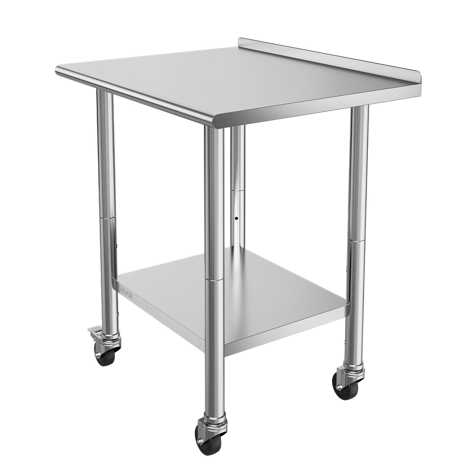 VEVOR Mesa de Trabajo de Acero Inoxidable 2 Niveles, Mesa de Preparación con Ruedas 76,2 x 61 x 89,4 cm, Estante Inferior Ajustable, Protector contra Salpicaduras, para Restaurantes, Bares, Hoteles
