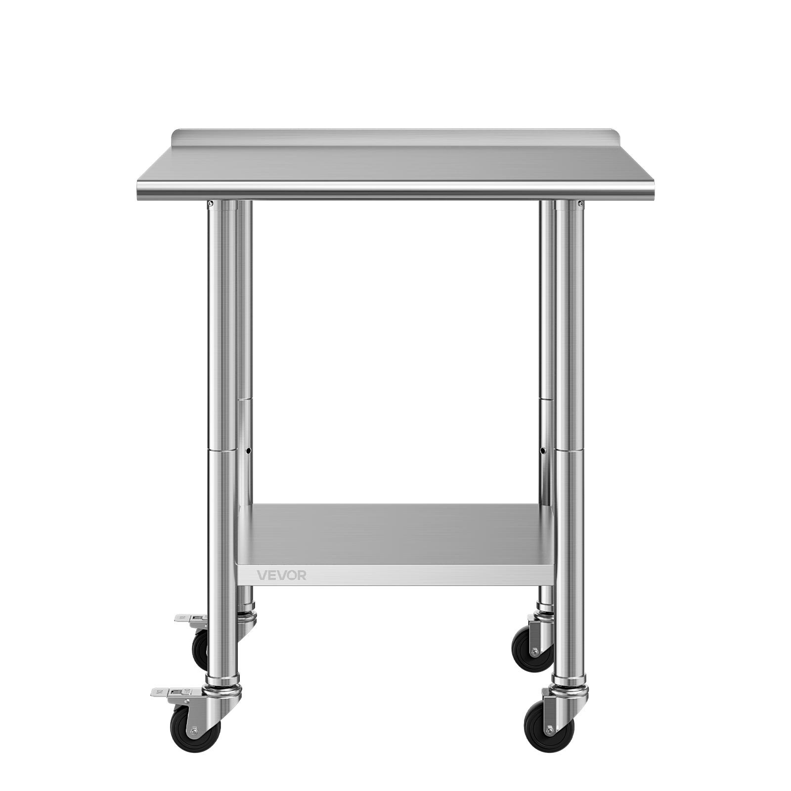 VEVOR Mesa de Trabajo de Acero Inoxidable 2 Niveles, Mesa de Preparación con Ruedas 76,2 x 61 x 89,4 cm, Estante Inferior Ajustable, Protector contra Salpicaduras, para Restaurantes, Bares, Hoteles