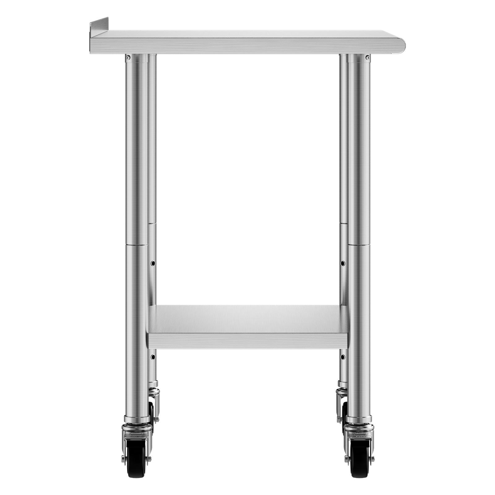 VEVOR Mesa de Trabajo de Acero Inoxidable 2 Niveles, Mesa de Preparación con Ruedas 76,2 x 61 x 89,4 cm, Estante Inferior Ajustable, Protector contra Salpicaduras, para Restaurantes, Bares, Hoteles