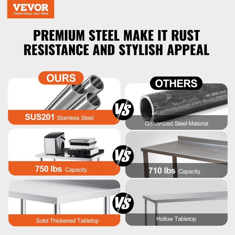 VEVOR Mesa de Trabajo de Acero Inoxidable 91,4x61x100,6 cm Mesa de Preparación de Alimentos con Ruedas Estantes Regulables en Altura Unidad de Almacenamiento de Alimentos para Restaurante Bar Hotel