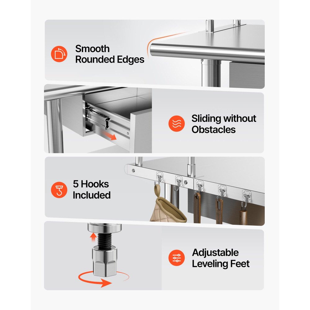 VEVOR Mesa de Trabajo de Acero Inoxidable con 3 Cajones y Estantes Superiores, Mesa de Preparación 182,9x61x140 cm, Estante Inferior Ajustable, Bordes Redondeados, para Restaurantes, Hoteles, Garajes