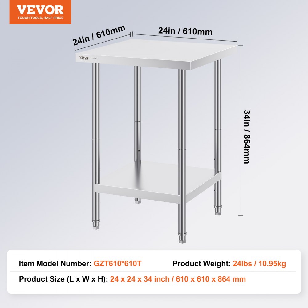 VEVOR Mesa de Trabajo de Acero Inoxidable 610x610x864 mm Mesa de Preparación de Alimentos 3 Niveles de Altura Regulables Estación de Trabajo Comercial para Almacenamiento de Alimentos para Restaurante