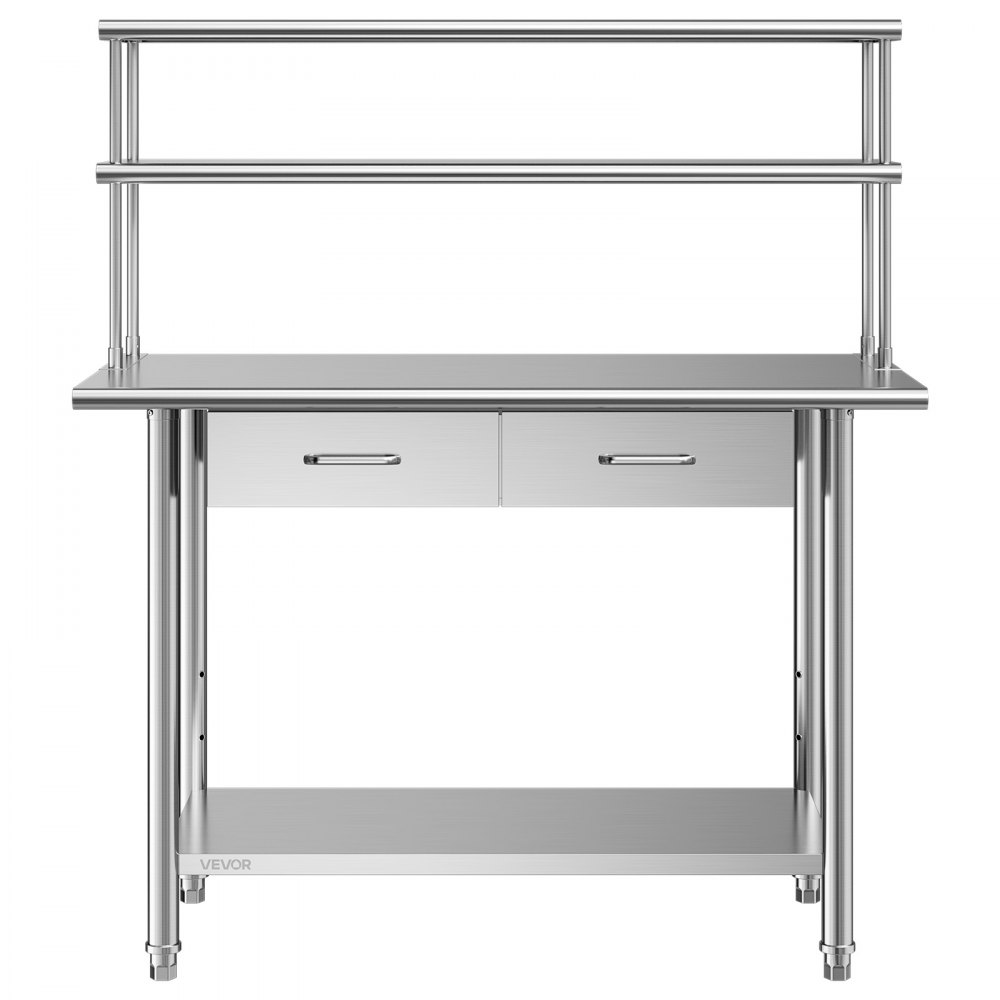 VEVOR Mesa de Trabajo de Acero Inoxidable con 2 Cajones y Estantes Superiores, Mesa de Preparación 122x61x140 cm, Estante Inferior Ajustable, Bordes Redondeados, para Restaurantes, Hoteles, Garajes