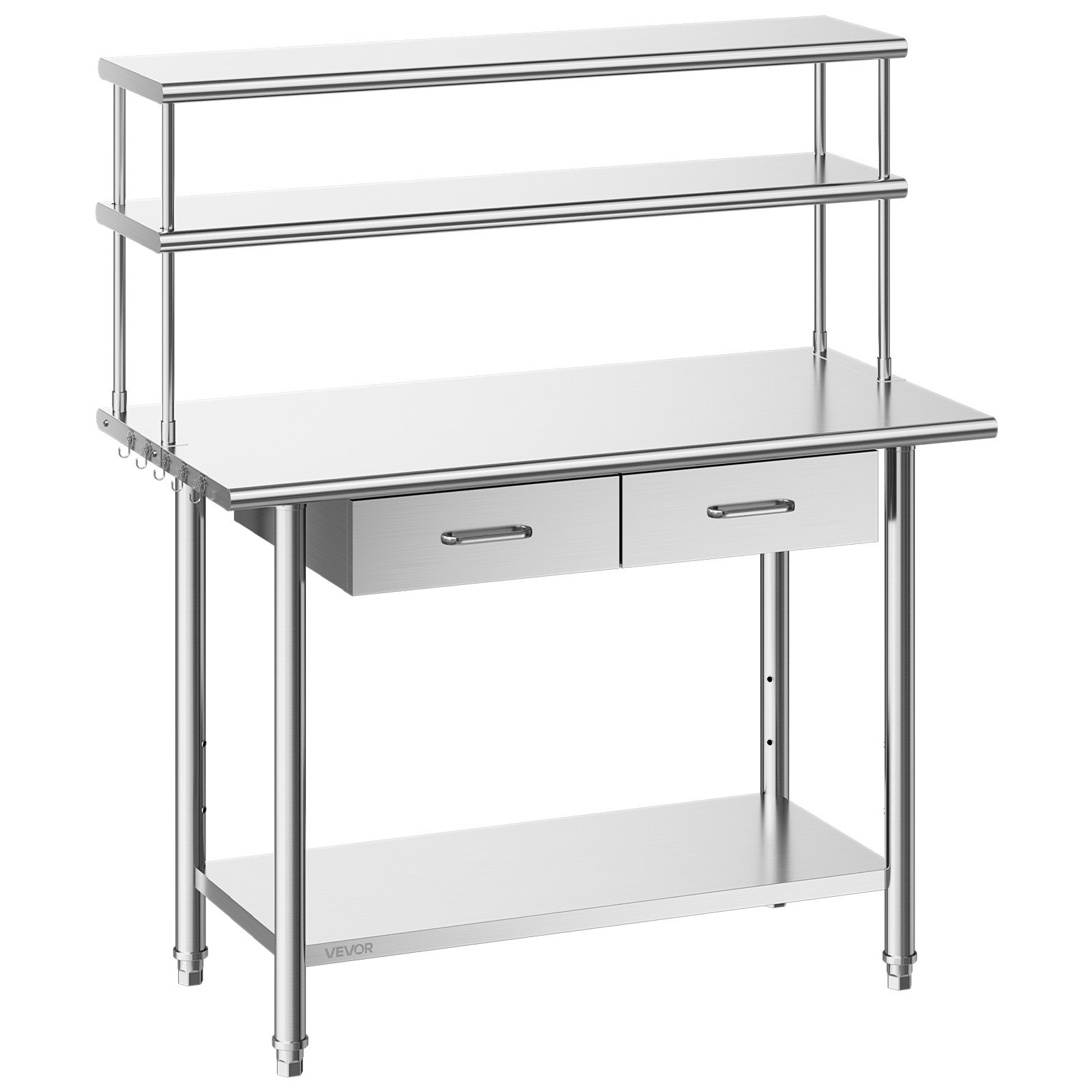VEVOR Mesa de Trabajo de Acero Inoxidable con 2 Cajones y Estantes Superiores, Mesa de Preparación 122x61x140 cm, Estante Inferior Ajustable, Bordes Redondeados, para Restaurantes, Hoteles, Garajes