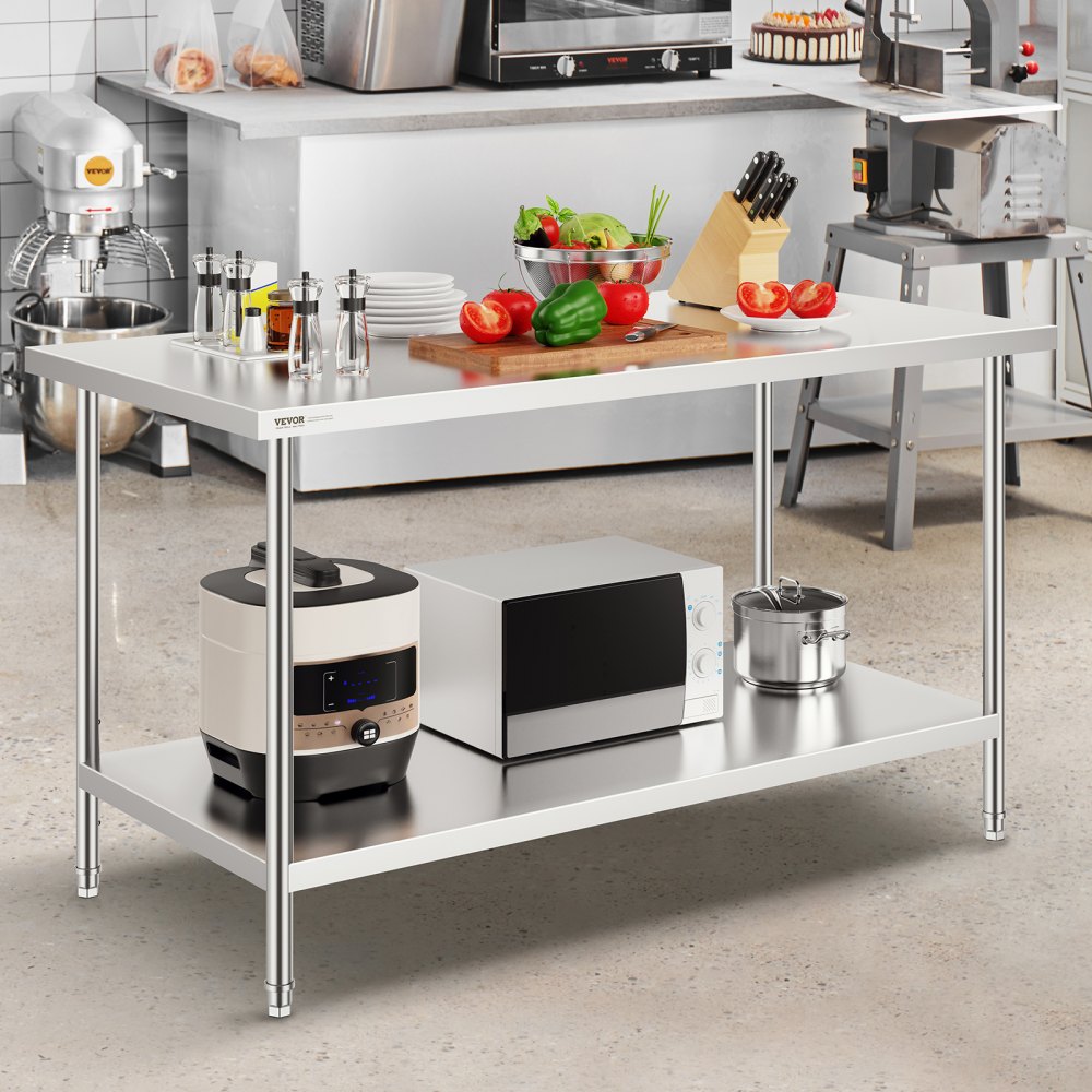 VEVOR Mesa de Trabajo de Acero Inoxidable 76,2x152,4x86,4 cm Mesa de Preparación de Alimentos Carga de 413 kg 3 Niveles de Altura Regulables Unidad de Almacenamiento para Cocina Restaurante Hogar