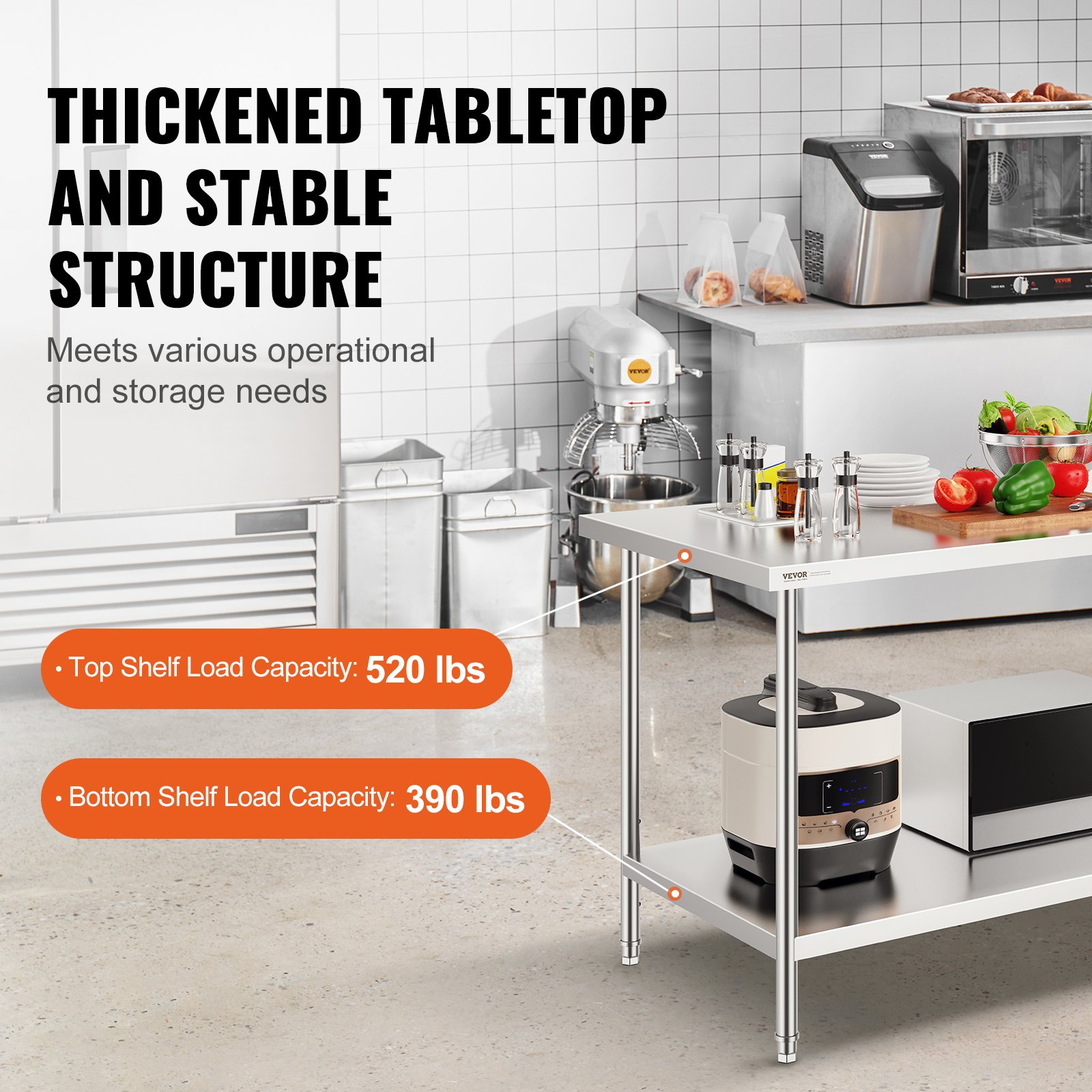 VEVOR Mesa de Trabajo de Acero Inoxidable 76,2x152,4x86,4 cm Mesa de Preparación de Alimentos Carga de 413 kg 3 Niveles de Altura Regulables Unidad de Almacenamiento para Cocina Restaurante Hogar