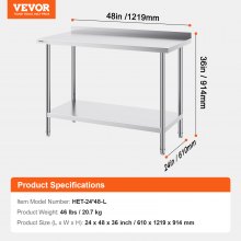 VEVOR Mesa de Trabajo de Acero Inoxidable Mesa de Preparación 61x121,9 cm Cocina