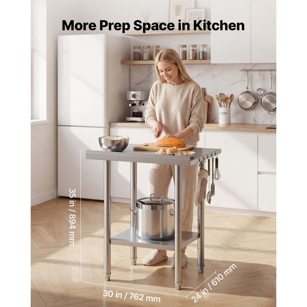 VEVOR Mesa de Trabajo de Acero Inoxidable 2 Niveles, Mesa de Preparación de Alimentos 76,2x61x89,4 cm, Estante Inferior Ajustable, Protector contra Salpicaduras, para Restaurantes, Bares, Hoteles