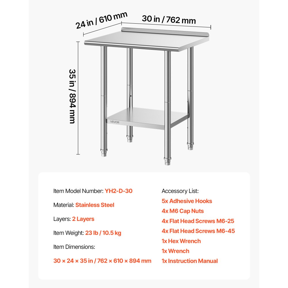 VEVOR Mesa de Trabajo de Acero Inoxidable 2 Niveles, Mesa de Preparación de Alimentos 76,2x61x89,4 cm, Estante Inferior Ajustable, Protector contra Salpicaduras, para Restaurantes, Bares, Hoteles