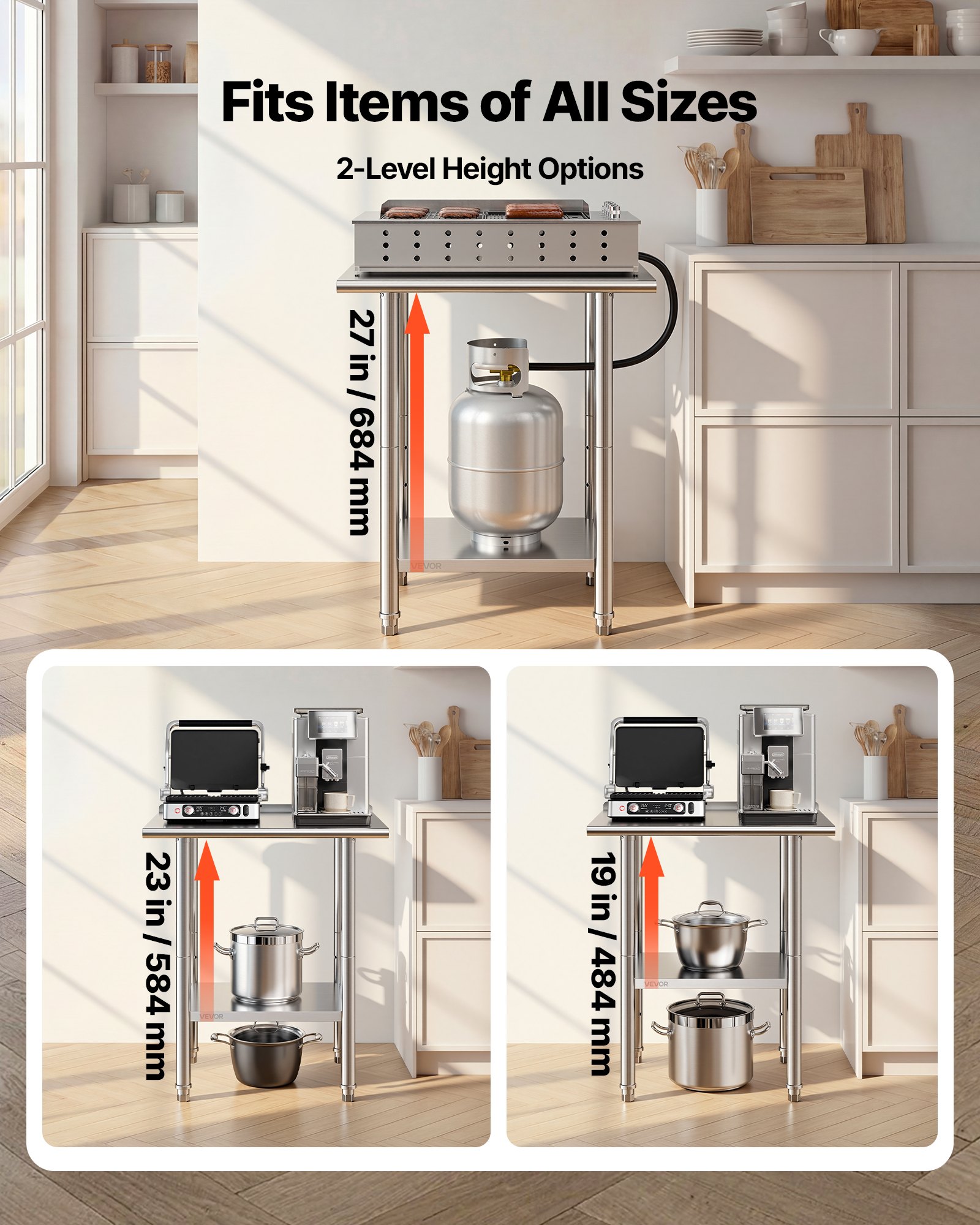 VEVOR Mesa de Trabajo de Acero Inoxidable 2 Niveles, Mesa de Preparación de Alimentos 76,2x61x89,4 cm, Estante Inferior Ajustable, Protector contra Salpicaduras, para Restaurantes, Bares, Hoteles