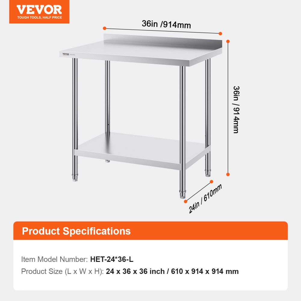 VEVOR stainless steel work table, commercial work table for food preparation, robust metal work table with adjustable height for restaurants, homes and hotels, 610 x 914 x 914 mm